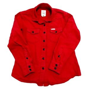 Topo Designs red, Dirt Shirt, long sleeved flannel button up top, women’s small